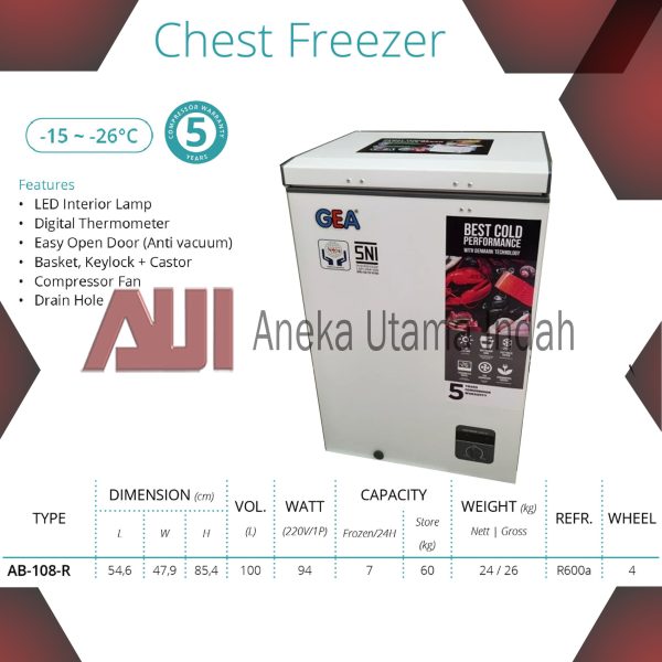 GEA AB-108-R AB-108R AB-108 CHEST FREEZER - BOX PENDINGIN - LEMARI PENDINGIN - FREEZER BOX UNTUK MAKANAN BEKU FROZEN FOOD ICE CREAM SEAFOOD DLL