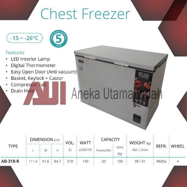 GEA AB-318-R AB-318R AB-318 CHEST FREEZER - BOX PENDINGIN - LEMARI PENDINGIN - FREEZER BOX UNTUK MAKANAN BEKU FROZEN FOOD ICE CREAM SEAFOOD DLL 318 L