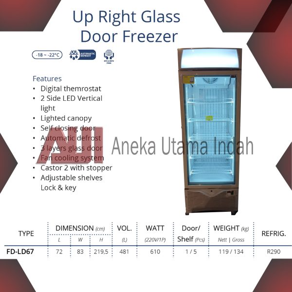 GEA FD-LD67 UP RIGHT GLASS DOOR FREEZER - SHOWCASE ICE CREAM - KULKAS KACA BERDIRI UNTUK MEMAJANG ICE CREAM PREMIUM 481 LITER