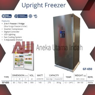 GEA GF-650 GF650 UPRIGHT FREEZER - KULKAS 2IN-1 FREEZER & FRIDGE UNTUK MEMBEKUKAN PRODUK SEPERTI ES MAMBO ES LILIN SEAFOOD DLL - INVERTER COMPRESSOR - 593 LITER