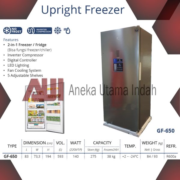 GEA GF-650 GF650 UPRIGHT FREEZER - KULKAS 2IN-1 FREEZER & FRIDGE UNTUK MEMBEKUKAN PRODUK SEPERTI ES MAMBO ES LILIN SEAFOOD DLL - INVERTER COMPRESSOR - 593 LITER