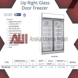 GEA FD-DD126 UP RIGHT GLASS DOOR FREEZER - FREEZER SHOWCASE UNTUK MEMAJANG ICE CREAM, FROZEN FOOD, DAGING BEKU 1006 LITER - FREEZER KACA BERDIRI 2 PINTU 10 RAK - FREEZER AUTOMATIC DEFROST