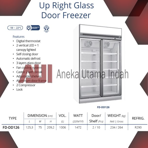 GEA FD-DD126 UP RIGHT GLASS DOOR FREEZER - FREEZER SHOWCASE UNTUK MEMAJANG ICE CREAM, FROZEN FOOD, DAGING BEKU 1006 LITER - FREEZER KACA BERDIRI 2 PINTU 10 RAK - FREEZER AUTOMATIC DEFROST
