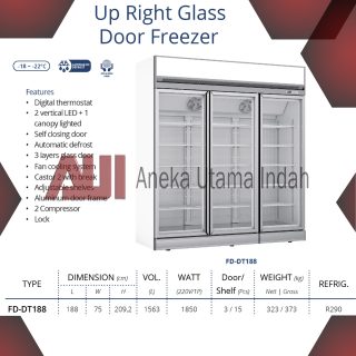 GEA FD-DT188 UP RIGHT GLASS DOOR FREEZER - FREEZER SHOWCASE UNTUK MEMAJANG ICE CREAM, FROZEN FOOD, DAGING BEKU 1563 LITER - FREEZER KACA BERDIRI 3 PINTU 15 RAK - FREEZER AUTOMATIC DEFROST