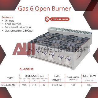 GETRA OL-GOB-90 GAS 6 OPEN BURNER LOW PRESSURE - KOMPOR GAS DI ATAS MEJA 6 TUNGKU STAINLESS STEEL