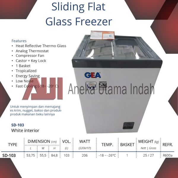 GEA SD-103 SLIDING FLAT GLASS FREEZER - KULKAS KACA PEMBEKU ICE CREAM - FREEZER KACA DATAR 103L - PUTIH SD 103 SD103