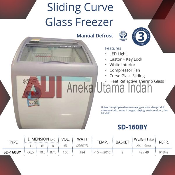 Gea SD-160BY Sliding Curve Glass Freezer - Freezer Kaca Cembung Kapasitas 160 L - Freezer Premium Series Pemajang Ice Cream & Makanan Beku
