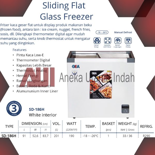 GEA SD-186H SLIDING FLAT GLASS FREEZER KULKAS KACA PEMBEKU ICE CREAM / FREEZER KACA DATAR KAPASITAS 201 L - PUTIH SD 186 H SD186H