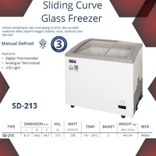 GEA SD-213 SLIDING CURVE GLASS FREEZER KULKAS KACA PEMBEKU ICE CREAM / FREEZER KACA CEMBUNG KAPASITAS 213 L - PUTIH SD 213 SD213