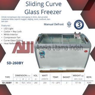 GEA SD-260BY SLIDING CURVE GLASS FREEZER - FREEZER KACA CEMBUNG KAPASITAS 260 L - FREEZER PREMIUM SERIES PEMAJANG ICE CREAM & MAKANAN BEKU