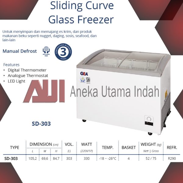 GEA SD-303 SLIDING CURVE GLASS FREEZER KULKAS KACA PEMBEKU ICE CREAM / FREEZER KACA CEMBUNG KAPASITAS 303 L - PUTIH SD 303 SD303