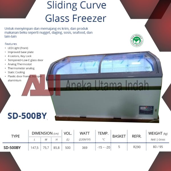 GEA SD-500BY SLIDING CURVE GLASS FREEZER - FREEZER BOX KACA GESER KAPASITAS 500 L - FREEZER KACA CEMBUNG / SLIDING FREEZER - INCLUDE 5 BASKET