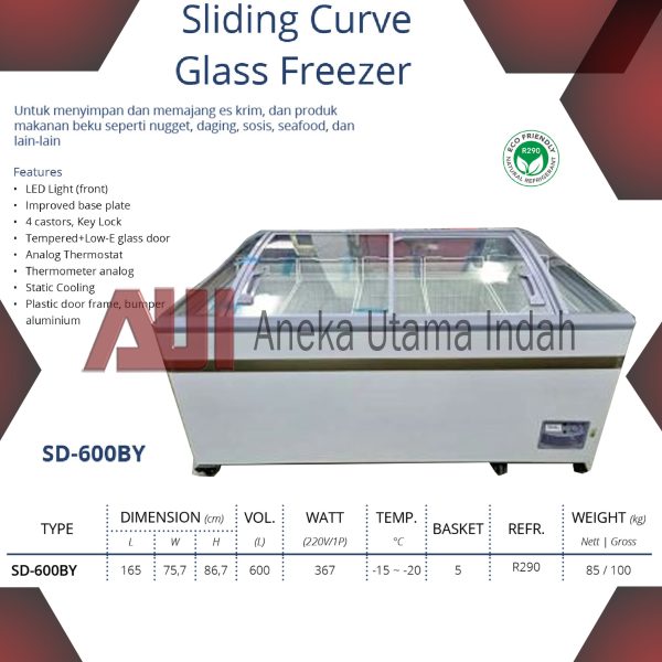 GEA SD-600BY SLIDING CURVE GLASS FREEZER - FREEZER BOX KACA GESER KAPASITAS 600 L - FREEZER KACA CEMBUNG / SLIDING FREEZER - INCLUDE 5 BASKET