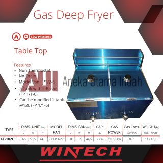 GETRA GF-102G GF-102 GF102G GF102 GAS DEEP FRYER UNTUK GORENG AYAM SOSIS 2 TANKI STAINLESS - MESIN PENGGORENGAN GAS KAPASITAS 2 X 6 LITER