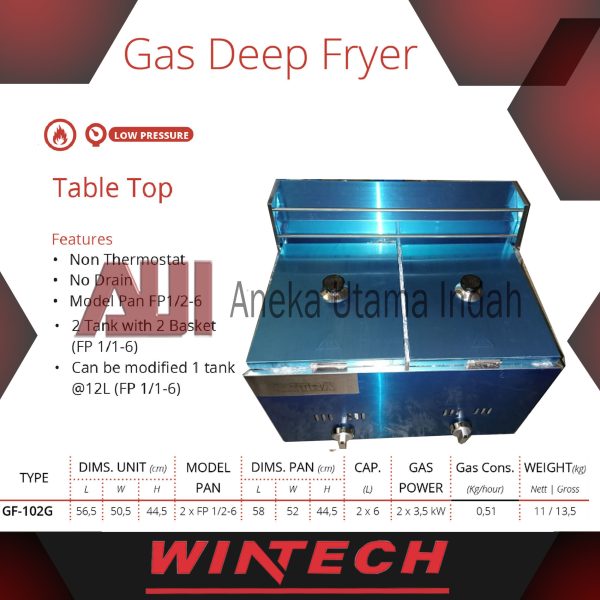 GETRA GF-102G GF-102 GF102G GF102 GAS DEEP FRYER UNTUK GORENG AYAM SOSIS 2 TANKI STAINLESS - MESIN PENGGORENGAN GAS KAPASITAS 2 X 6 LITER