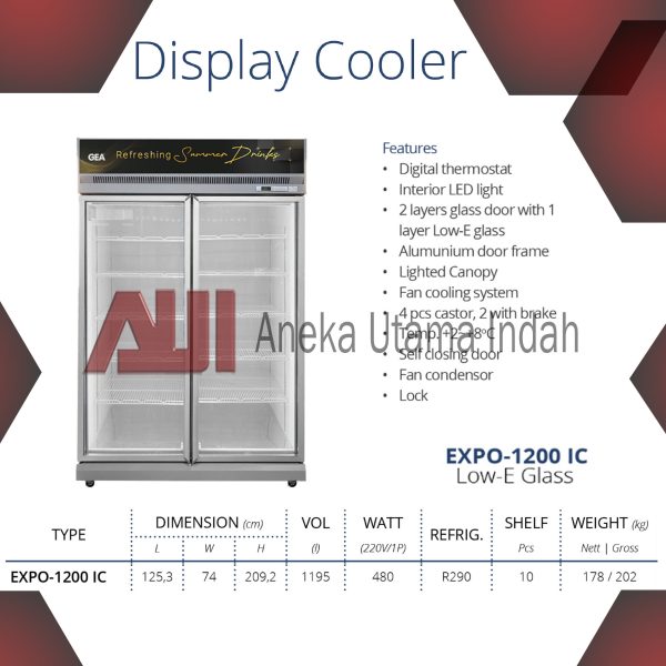 GEA EXPO-1200 IC DISPLAY COOLER 1195 L / SHOWCASE 2 PINTU / CHILLER / LEMARI PENDINGIN KAPASITAS 10 RAK EXPO 1200IC