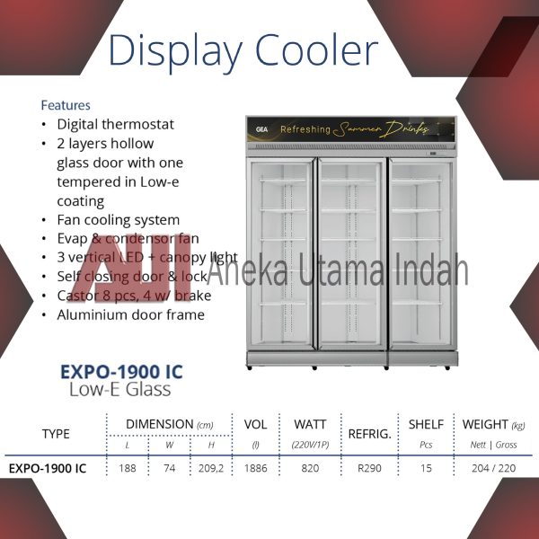 GEA EXPO-1900 IC DISPLAY COOLER 1886 L / SHOWCASE 3 PINTU / CHILLER / LEMARI PENDINGIN KAPASITAS 15 RAK EXPO 1900IC