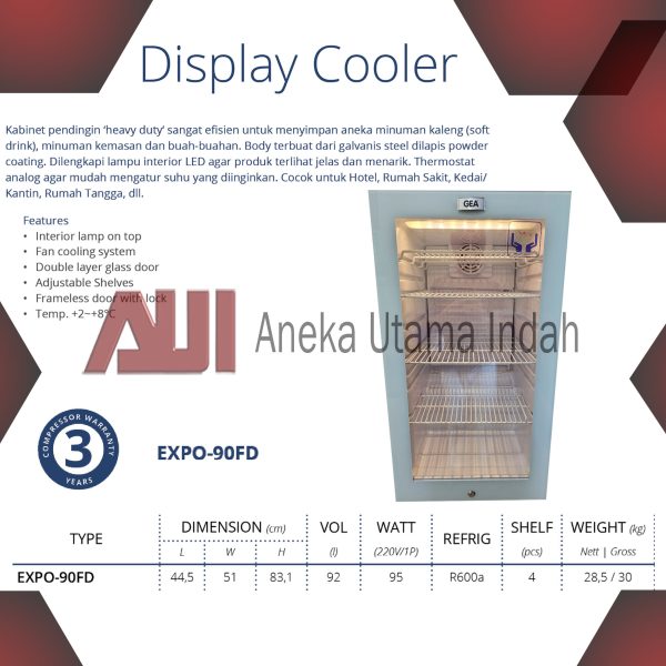 GEA EXPO-90FD SHOWCASE 1 PINTU - DISPLAY COOLER - KULKAS KACA BERPENDINGIN UNTUK HOTEL, RUMAH SAKIT, KAMAR DLL - PUTIH - 92 LITER - SHOWCASE 4 RAK