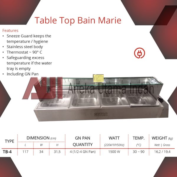 GETRA TB-4 TABLE TOP BAIN MARIE - KABINET PENGHANGAT & PEMAJANG MAKANAN - DISPLAY MAKANAN PADA RESTAURANT KILAT SAJI - INCLUDE GN PAN - BODY STAINLESS STEEL TB4 TB 4