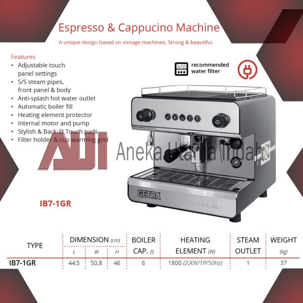 GETRA IBERITAL IB7-1GR IB7 1G IB71G COFFEE MACHINE - ESPRESSO & CAPPUCINO MACHINE - MESIN KOPI PROFESIONAL - MESIN KOPI HITAM MESIN KOPI 1 GRUP