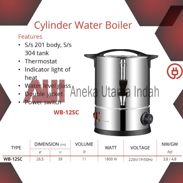 GETRA WB-12SC CYLINDER WATER BOILER TABUNG PEMANAS AIR PAKAI LISTRIK - KAPASITAS 11 LITER - BODY STAINLESS STEEL - WB 12 SC WB12SC