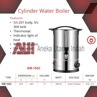 GETRA WB-15SC CYLINDER WATER BOILER TABUNG PEMANAS AIR PAKAI LISTRIK - KAPASITAS 15 LITER - BODY STAINLESS STEEL - WB 15 SC WB15SC