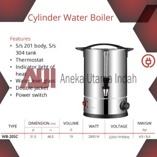 GETRA WB-20SC CYLINDER WATER BOILER TABUNG PEMANAS AIR PAKAI LISTRIK - KAPASITAS 19 LITER - BODY STAINLESS STEEL - WB 20 SC WB20SC