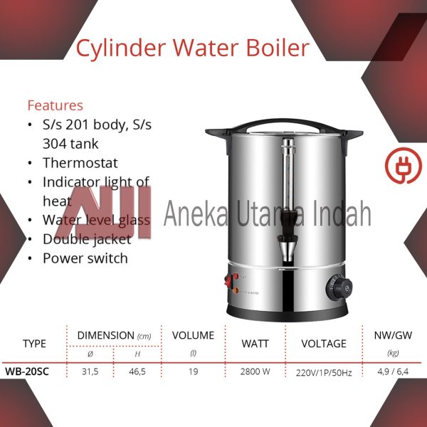 GETRA WB-20SC CYLINDER WATER BOILER TABUNG PEMANAS AIR PAKAI LISTRIK - KAPASITAS 19 LITER - BODY STAINLESS STEEL - WB 20 SC WB20SC
