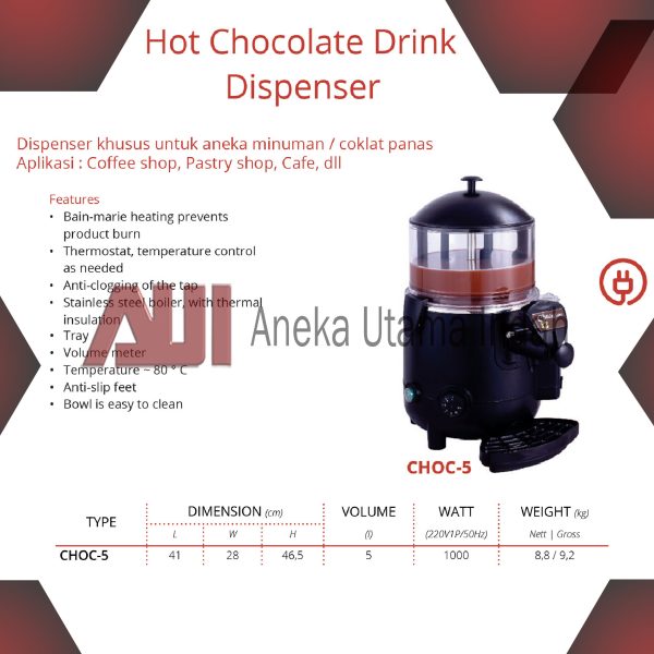 GETRA CHOC-5 HOT CHOCOLATE DRINK DISPENSER / PEMANAS ATAU PENGHANGAT MINUMAN COKLAT KAPASITAS 5 LITER - MESIN MINUMAN COKLAT PANAS