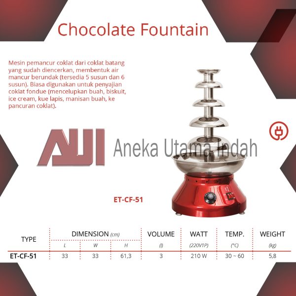 GETRA ET-CF-51 CHOCOLATE FOUNTAIN / MESIN PEMANCUR COKLAT - MESIN COKLAT MEMBENTUK AIR MANCUR BERUNDAK 5 SUSUN - PENYAJIAN COKLAT FONDUE