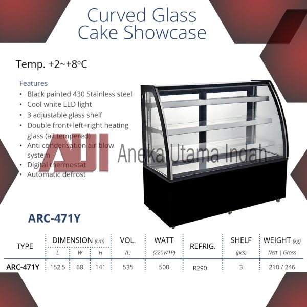 GEA ARC-471Y CURVED GLASS CAKE SHOWCASE - LEMARI DISPLAY PENDINGIN KUE