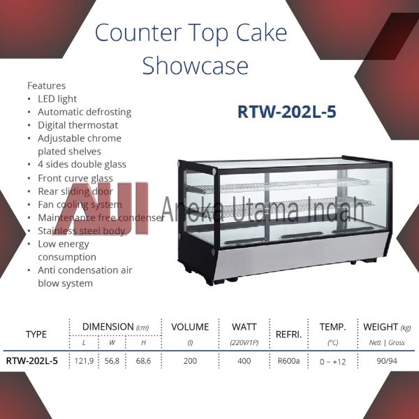 GEA RTW-202L-5 COUNTER TOP CAKE SHOWCASE / CAKE DISPLAY KACA KOTAK