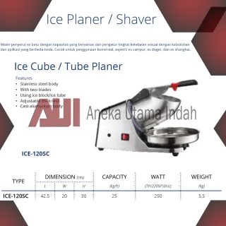 Mesin penyerut es salju komersial terbuat dari stainless, silinder & blade bersentuhan dgn es terbuat dari stainless berkualitas untuk menjamin kebersihan dari es yg diiris. Mesin bingsu mudah dioperasikan, kecepatan produksi es yg dpt diatur, & kualitas es yg baik, halus & lembut. dpt memadukan berbagai jenis minuman seperti : jus buah, jus jeruk, susu, minuman kopi & smoothie. Cocok untuk kedai kopi, kedai minuman, restoran makanan cepat saji, cafe/bar, arena wisata, dll.  FITUR : * Speed adjuster knob (0 - 9) * Freeze button * Stainless steel threaded drum * Body stainless steel * Power switch (ON/OFF) * Roller : 100 mm * Include 1 pcs polycarbonate tray and 2 barrels * Feet  SPESIFIKASI : * Dimensi : 33 x 57 x 52 cm * Capacity : 180 kg/24jam * Power : 1200 W (220V/1P/50Hz) * Refrig : R410a * Berat : 31 kg