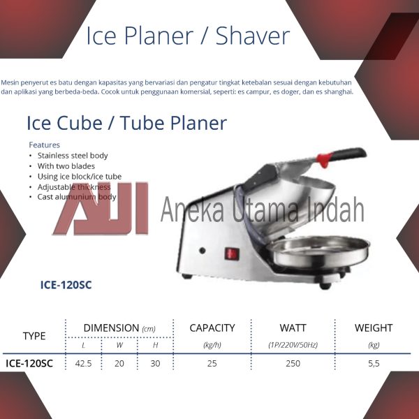 Mesin penyerut es salju komersial terbuat dari stainless, silinder & blade bersentuhan dgn es terbuat dari stainless berkualitas untuk menjamin kebersihan dari es yg diiris. Mesin bingsu mudah dioperasikan, kecepatan produksi es yg dpt diatur, & kualitas es yg baik, halus & lembut. dpt memadukan berbagai jenis minuman seperti : jus buah, jus jeruk, susu, minuman kopi & smoothie. Cocok untuk kedai kopi, kedai minuman, restoran makanan cepat saji, cafe/bar, arena wisata, dll.  FITUR : * Speed adjuster knob (0 - 9) * Freeze button * Stainless steel threaded drum * Body stainless steel * Power switch (ON/OFF) * Roller : 100 mm * Include 1 pcs polycarbonate tray and 2 barrels * Feet  SPESIFIKASI : * Dimensi : 33 x 57 x 52 cm * Capacity : 180 kg/24jam * Power : 1200 W (220V/1P/50Hz) * Refrig : R410a * Berat : 31 kg